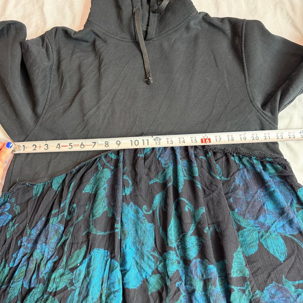 Hooded Floral Midi Dress Women's Est. Med Black Blue Hooded Boho Long Sleeve - Picture 4 of 9